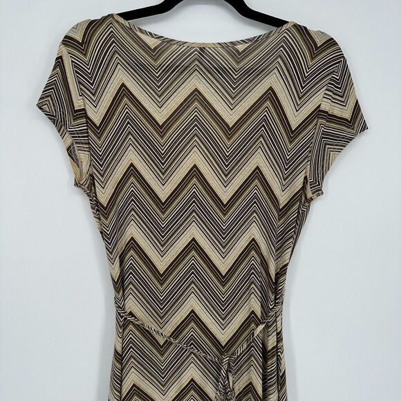Naf Naf Womens Faux Wrap Midi Dress Size M Chevron Neutral Retro Office Stretch - Picture 9 of 9